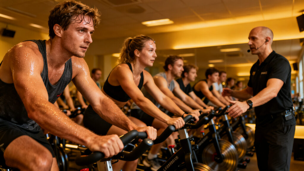 Groupe concentré lors d’un cours d’indoor cycling