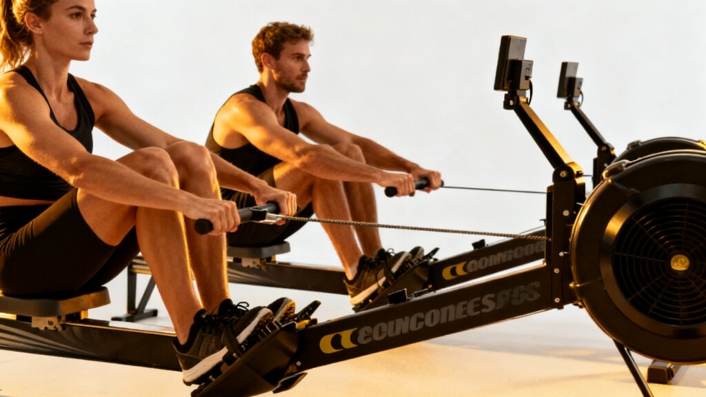 Athlètes tirant sur un rameur d’indoor rowing