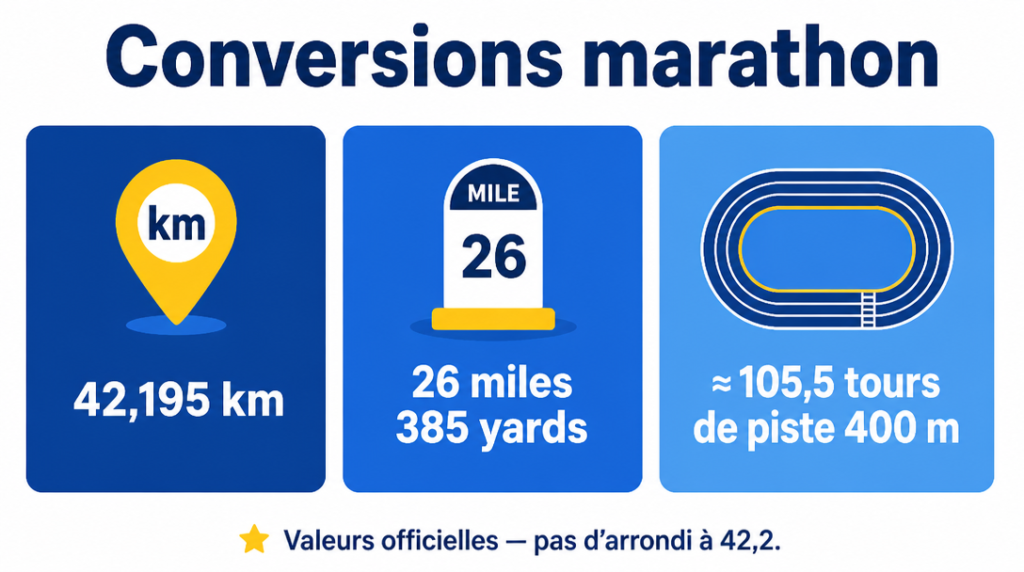 Infographie des conversions 42,195 km en miles et tours de piste