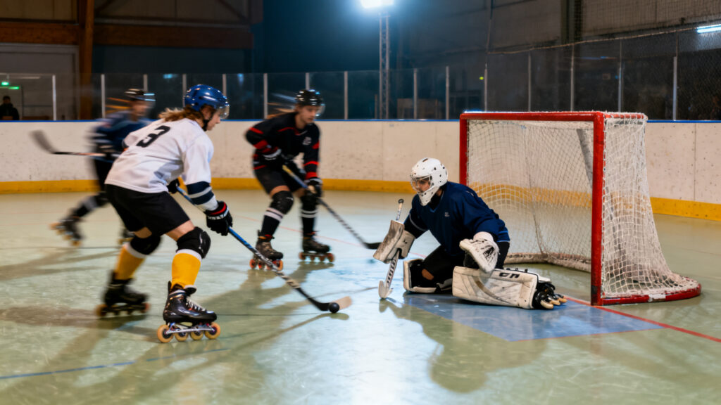 Attaque au but en inline hockey en salle