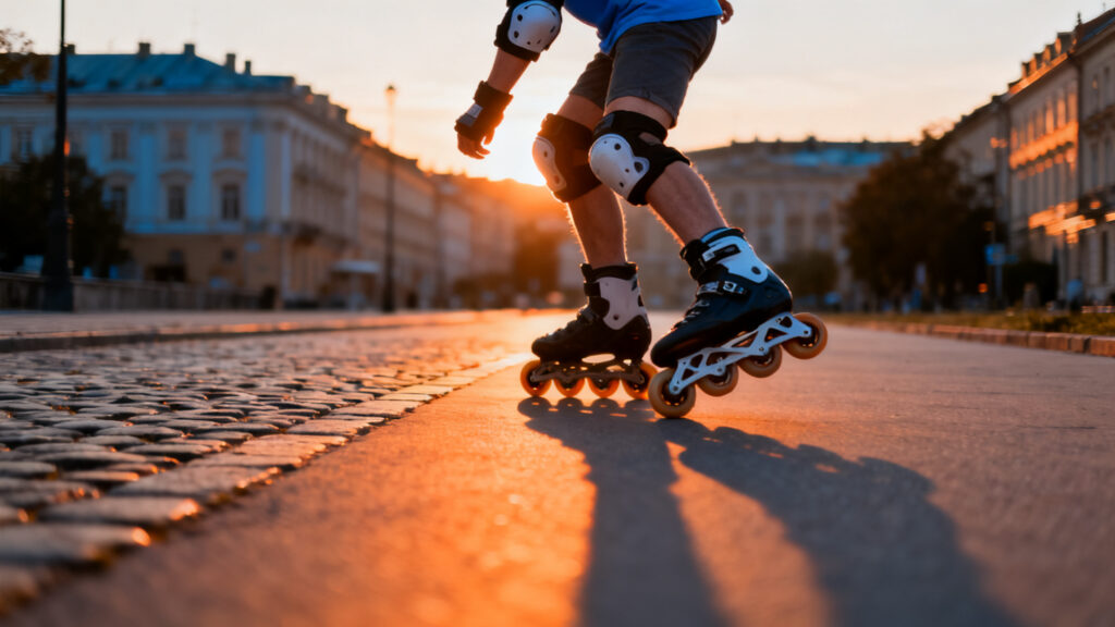Patineur réalisant un freinage talon en roller en ligne