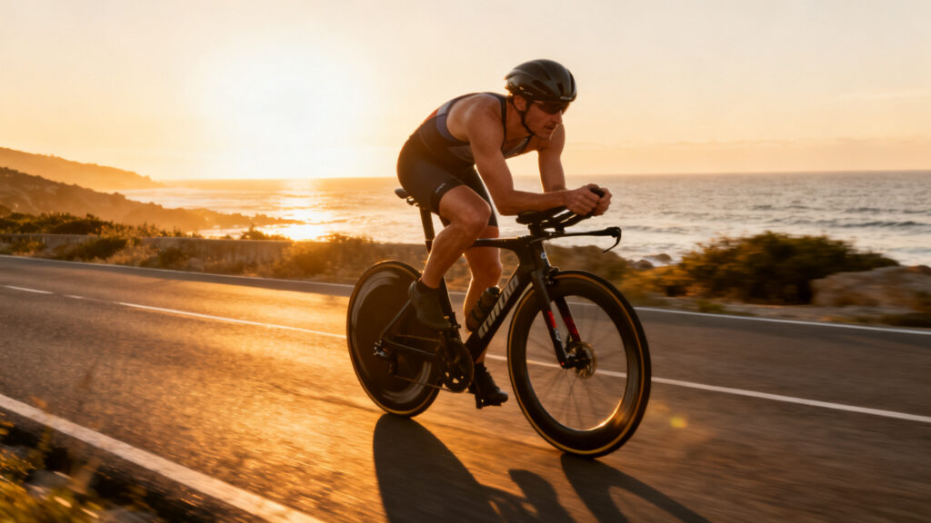 Triathlète en position aéro sur vélo de contre-la-montre