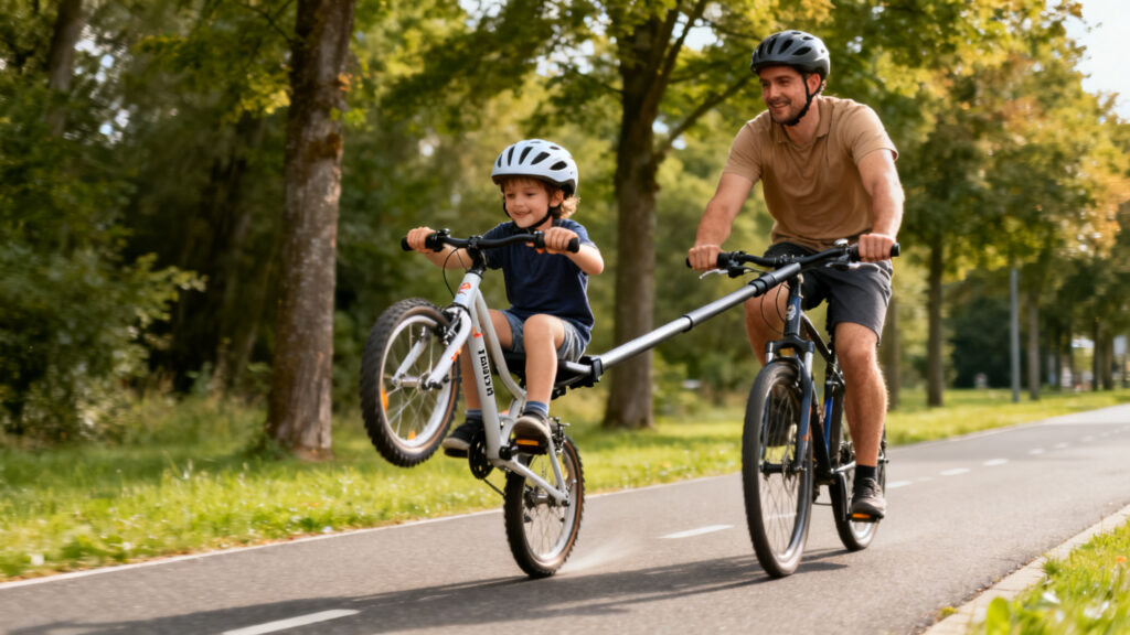Parent et enfant remorqués, roue avant relevée, stabilité sur voie verte