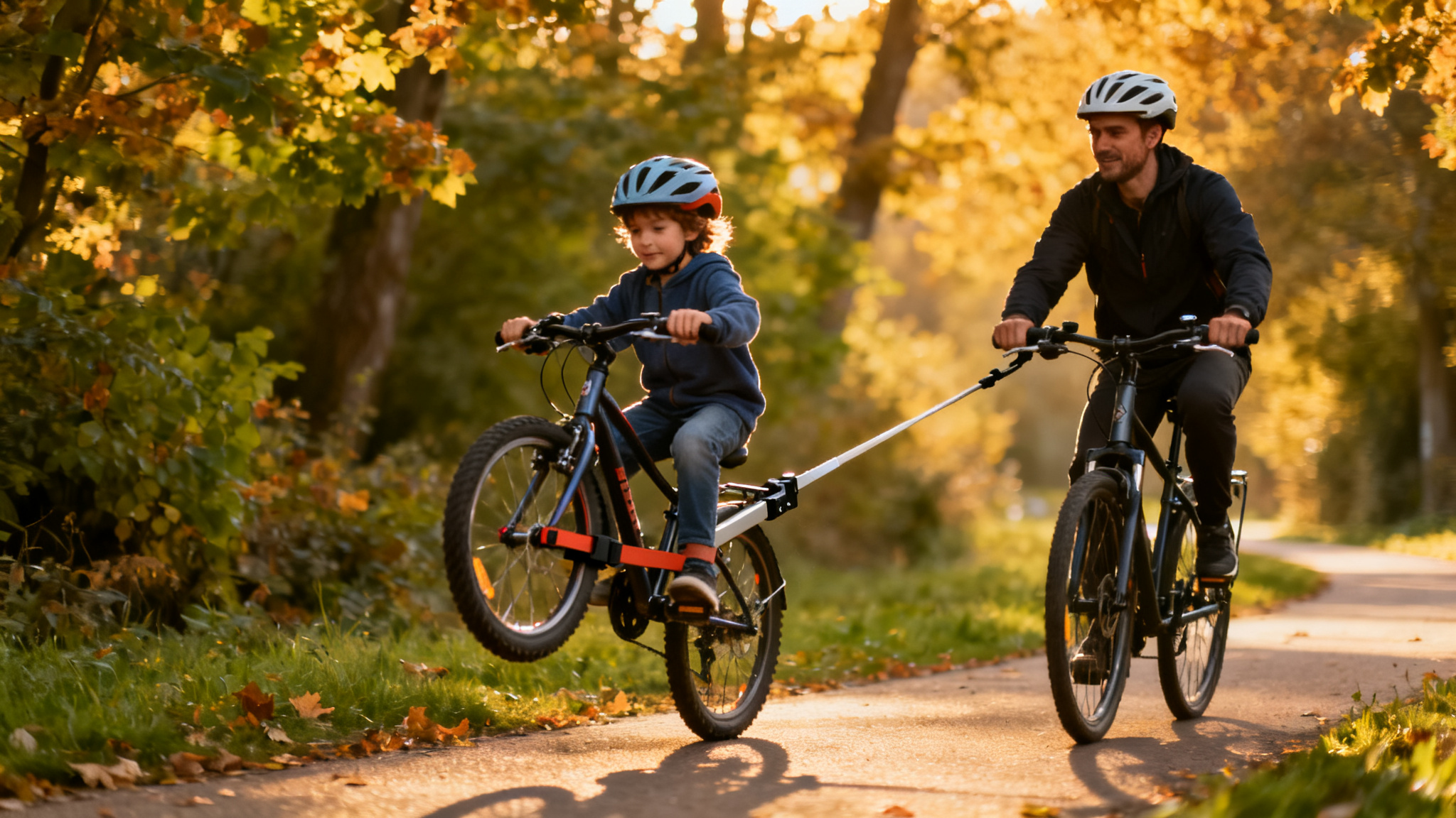 Parent tractant un enfant avec trail angel sur voie verte