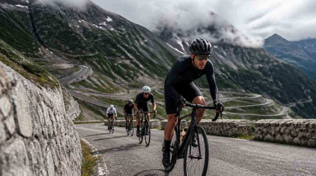 Cyclistes sur lacets alpins lors d’une arrivée au sommet
