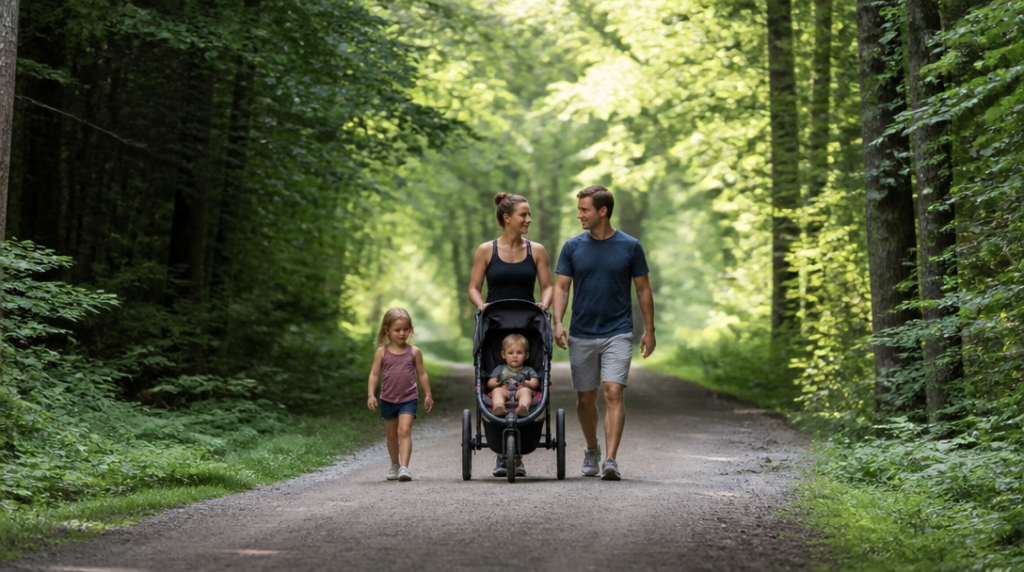 Sentier large et ombragé, poussette sur sentiers balisés