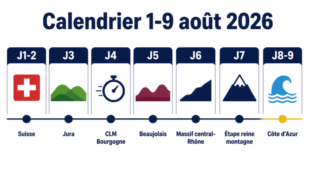 Frise du calendrier 1-9 août et profils d’étapes