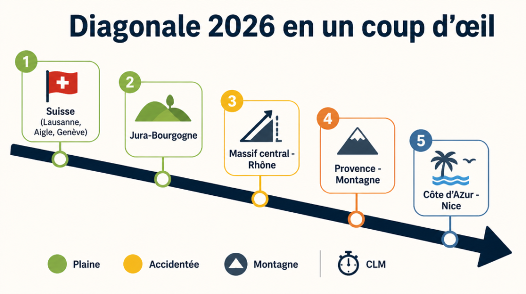 Itinéraire simplifié et zones clés du parcours 2026