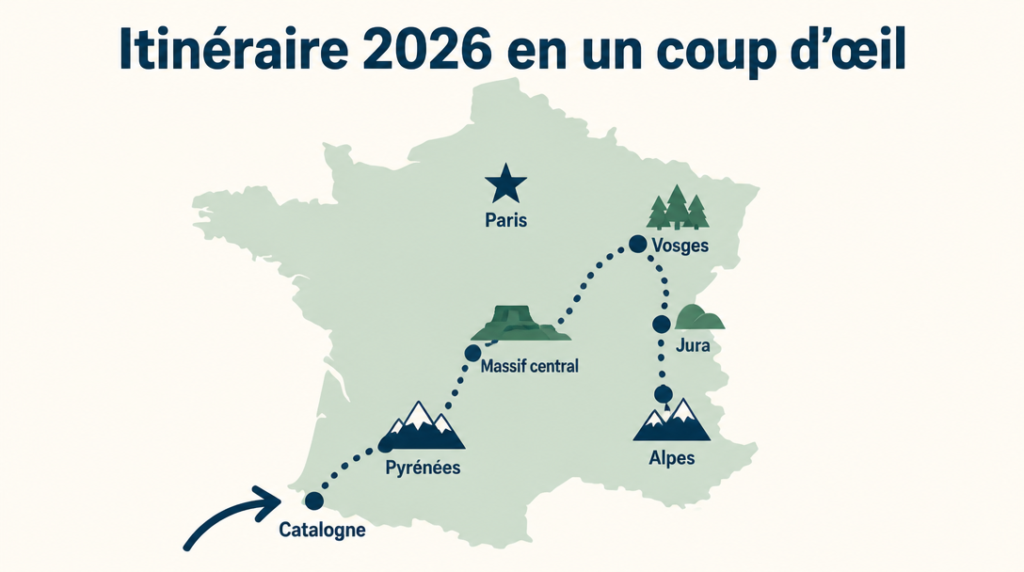Schéma du tracé 2026 via Pyrénées, Massif central, Vosges, Jura et Alpes