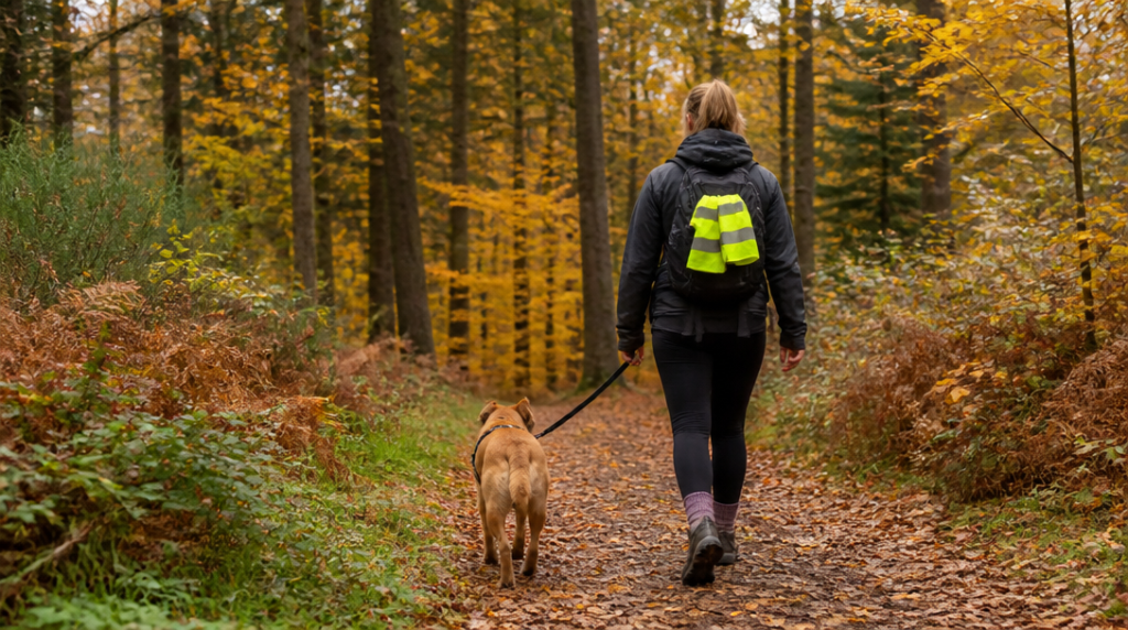 Promeneur avec chien en laisse, respect de la faune