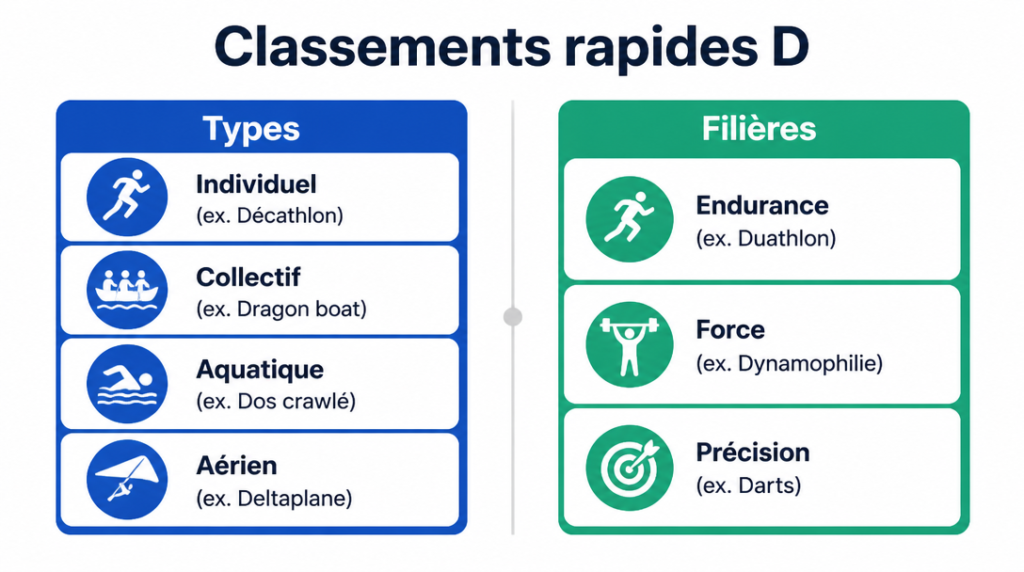 Classement par catégories et filières des sports en D