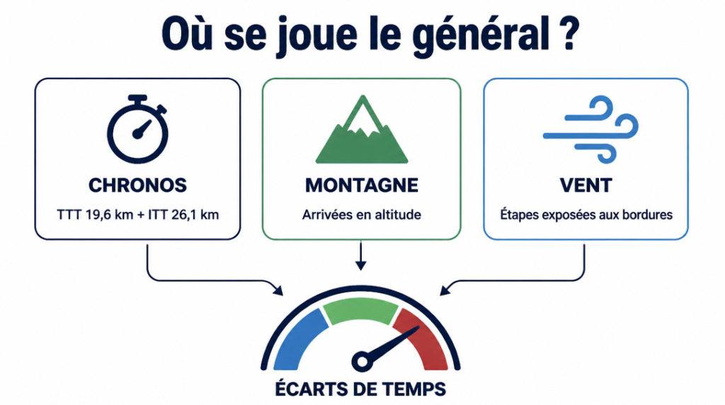 Schéma des chronos, arrivées en altitude et étapes au vent