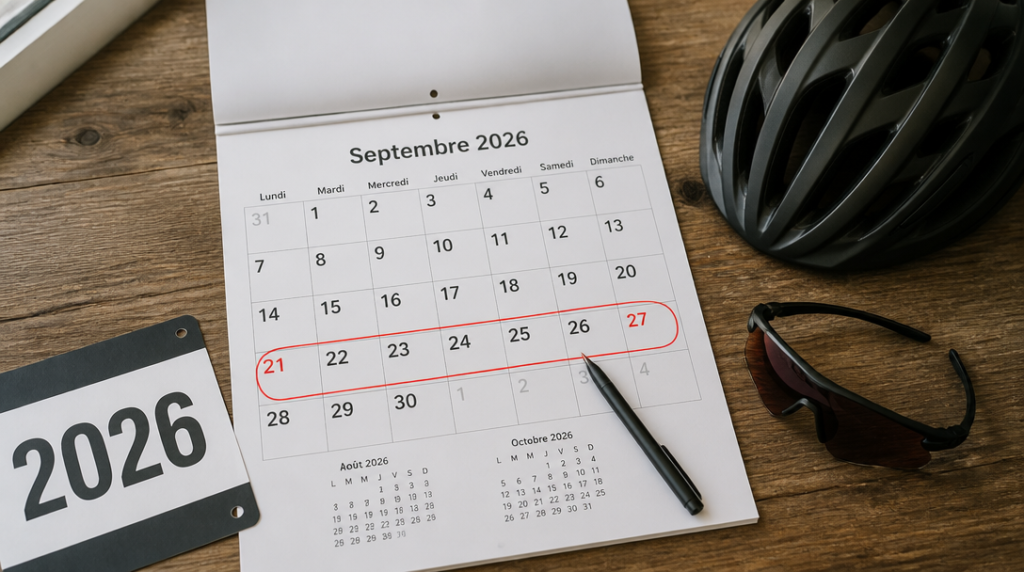 Calendrier marqué 20 au 27 septembre et accessoires vélo, programme officiel