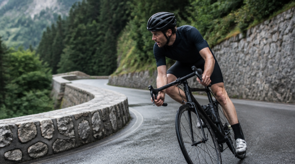 Descente technique sur épingle humide, trajectoire maîtrisée