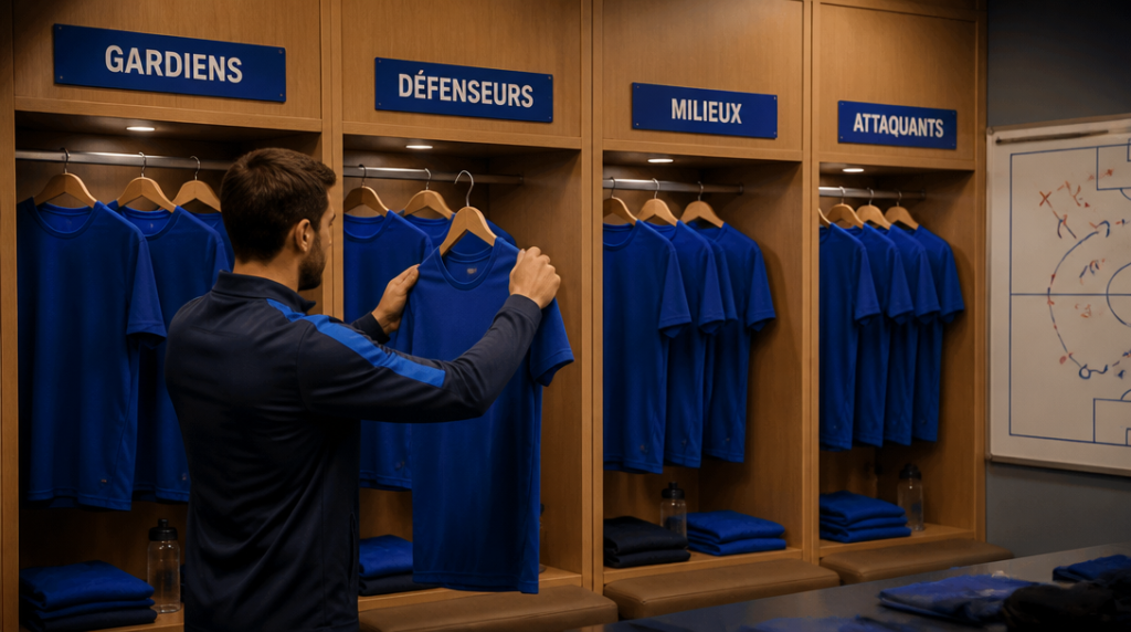 Maillots bleus regroupés par gardiens, défenseurs, milieux, attaquants