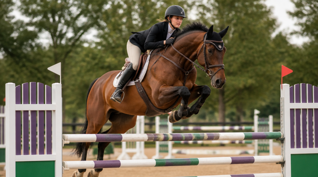Cavalier en saut d’obstacles, équitation sport en E