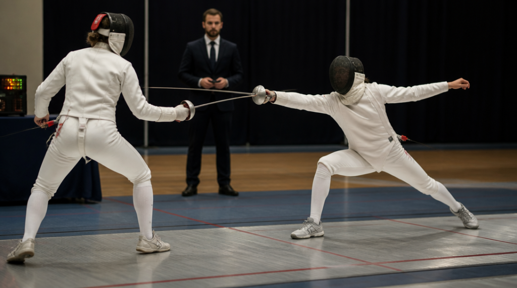 Assaut d’escrime en salle, sport qui commence par E