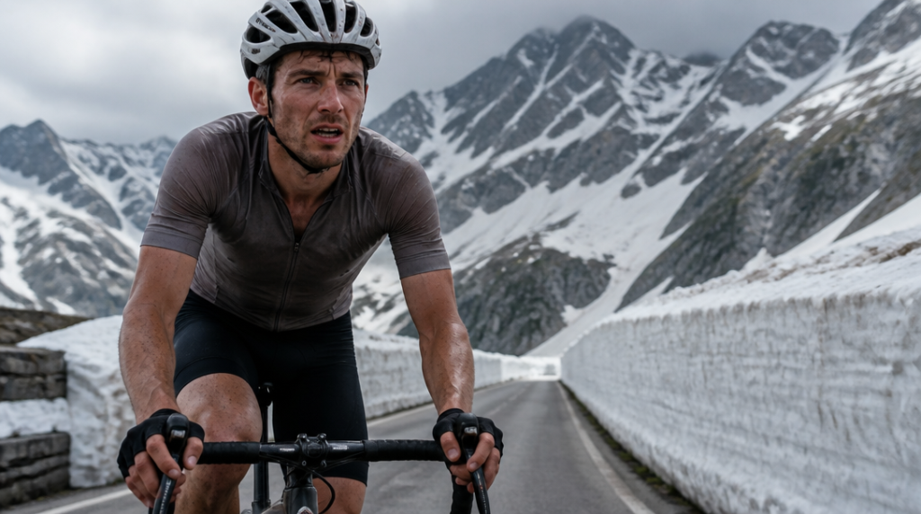 Coureur isolé sur col enneigé, étape reine haute montagne
