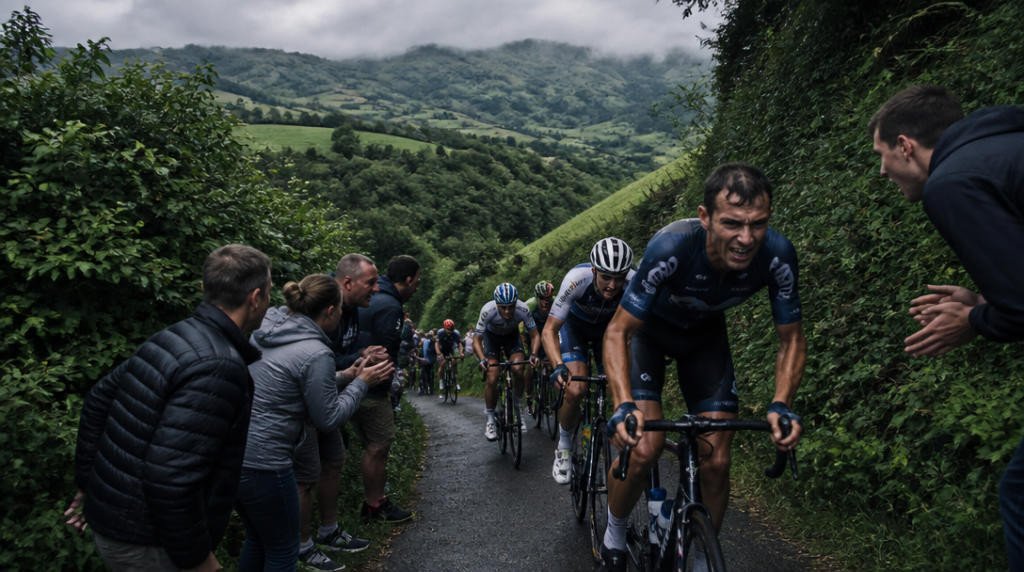 Cyclistes grimpant un mur raide sur route étroite basque