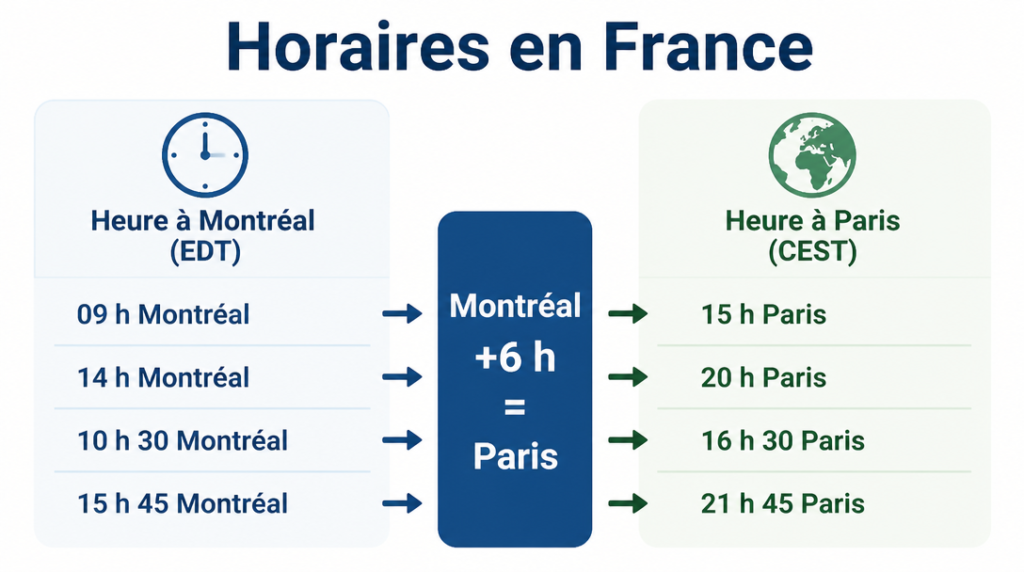 Infographie horaires en France : conversion Montréal +6 h Paris