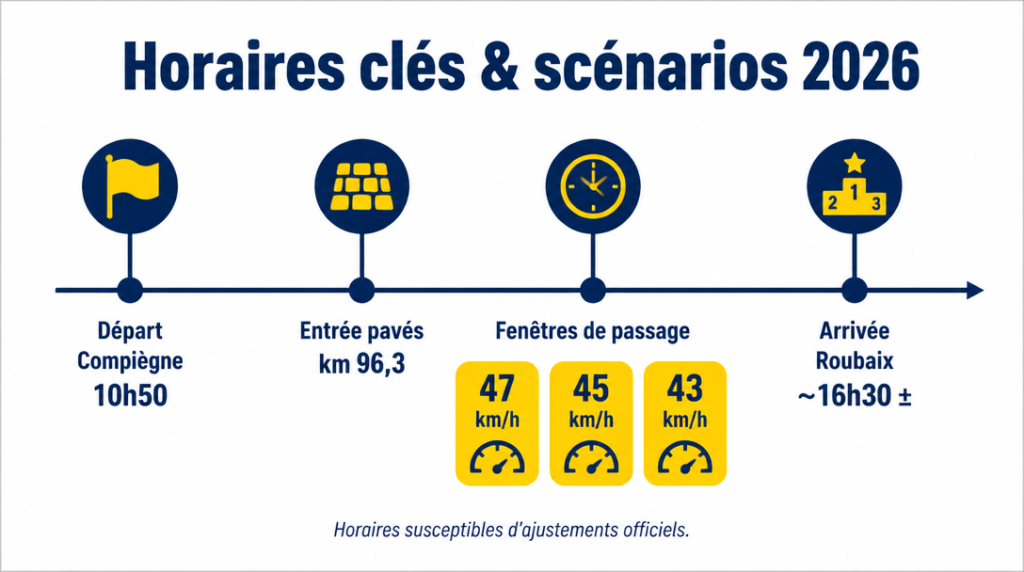 Horaires de départ, pavés et arrivée estimée 2026