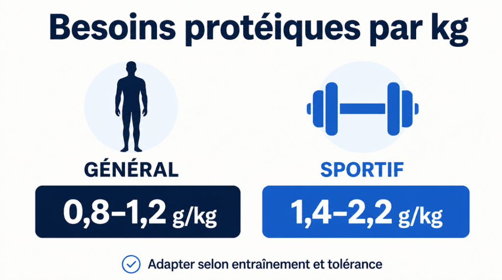 Repères 0,8–1,2 et 1,4–2,2 g/kg de protéines par jour