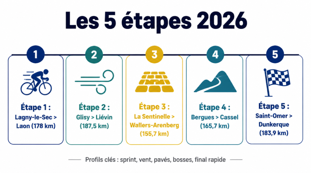 Infographie des cinq étapes 2026 avec profils clés