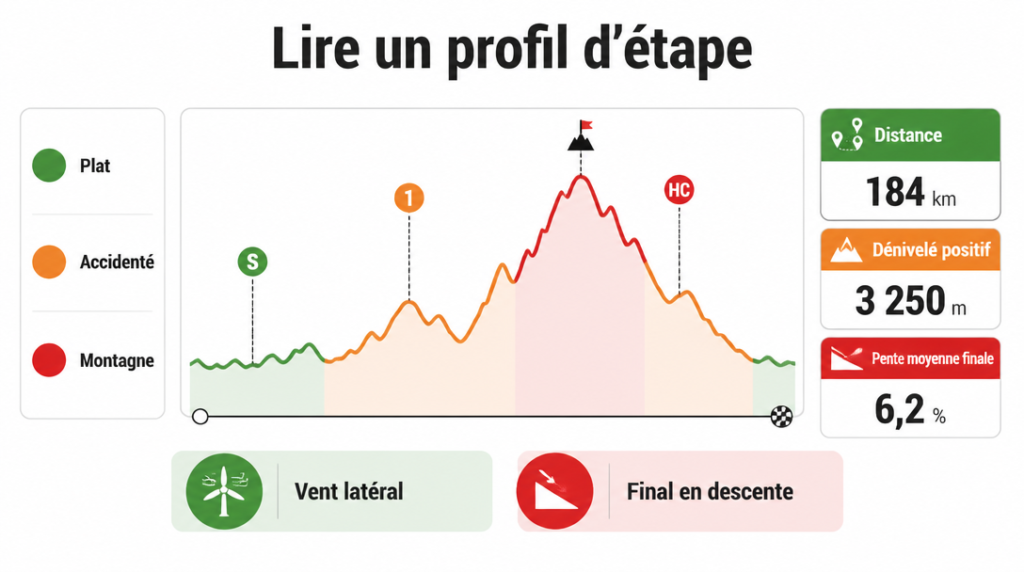Schéma pour lire profil des étapes, dénivelé et cols