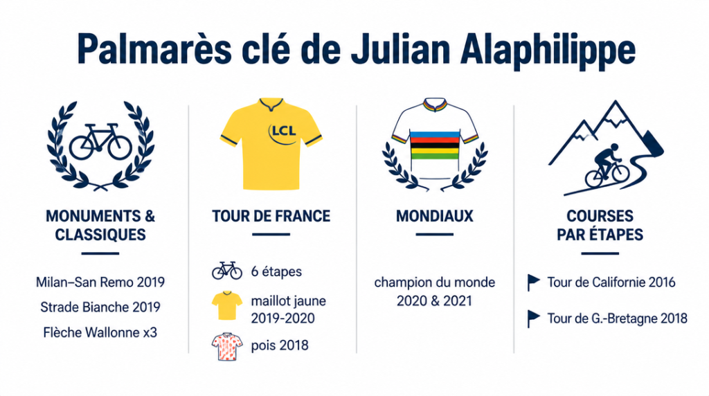 Infographie du palmarès majeur de Julian Alaphilippe