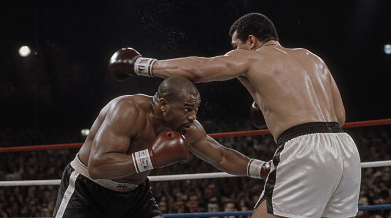 Joe Frazier avançant en bob and weave, crochet gauche prêt