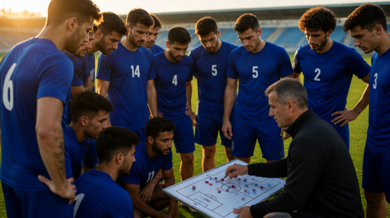 Joueurs de l’équipe de France réunis autour d’un tableau tactique