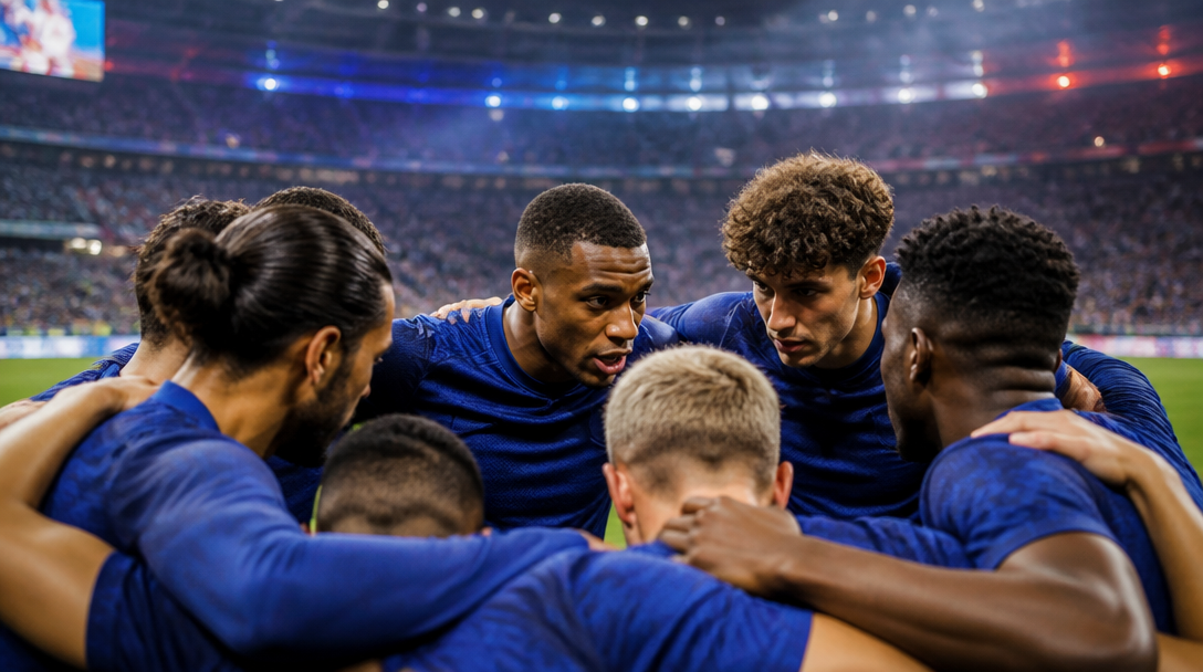Joueurs de l’équipe de France en cercle avant match