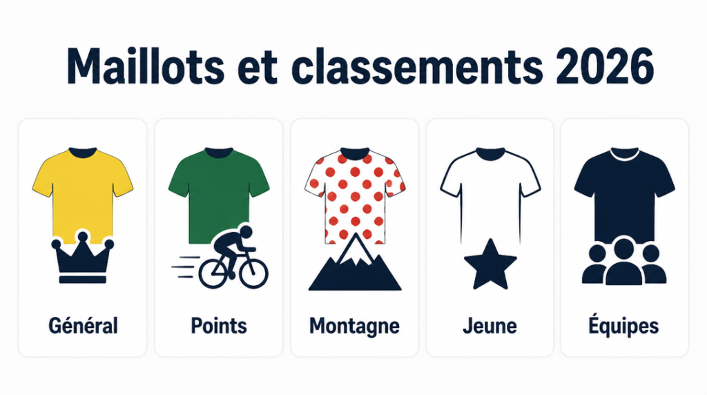 Maillots du général, points, montagne, jeune et équipes