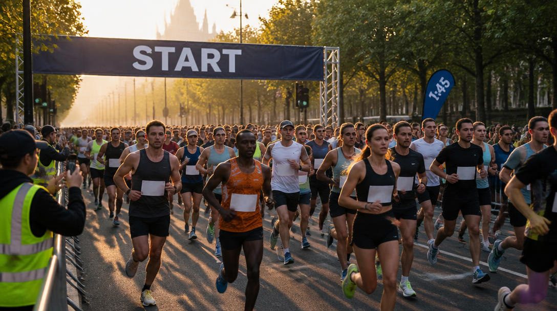 Coureurs au départ du marathon de paris 2026 au matin