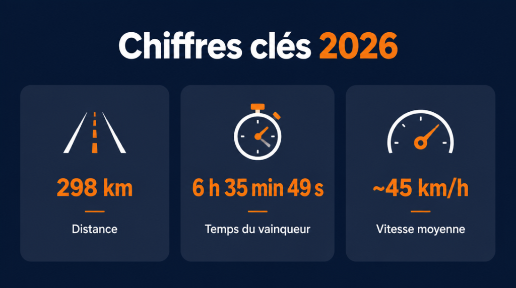 Distance, temps du vainqueur et vitesse moyenne 2026