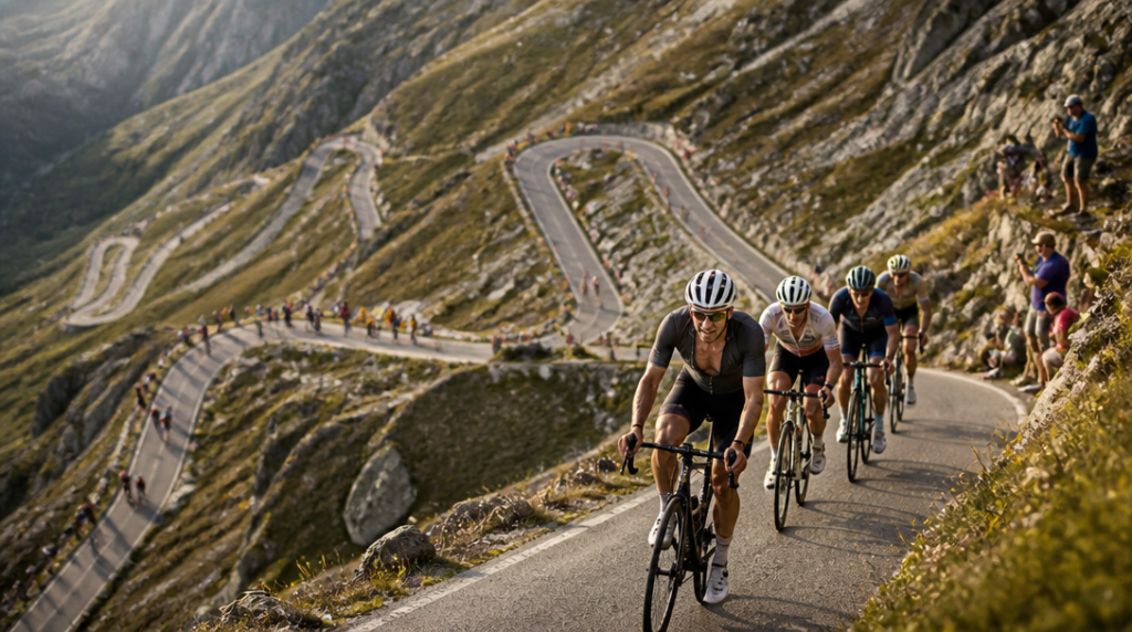 Cyclistes étirés dans des épingles de montagne raides