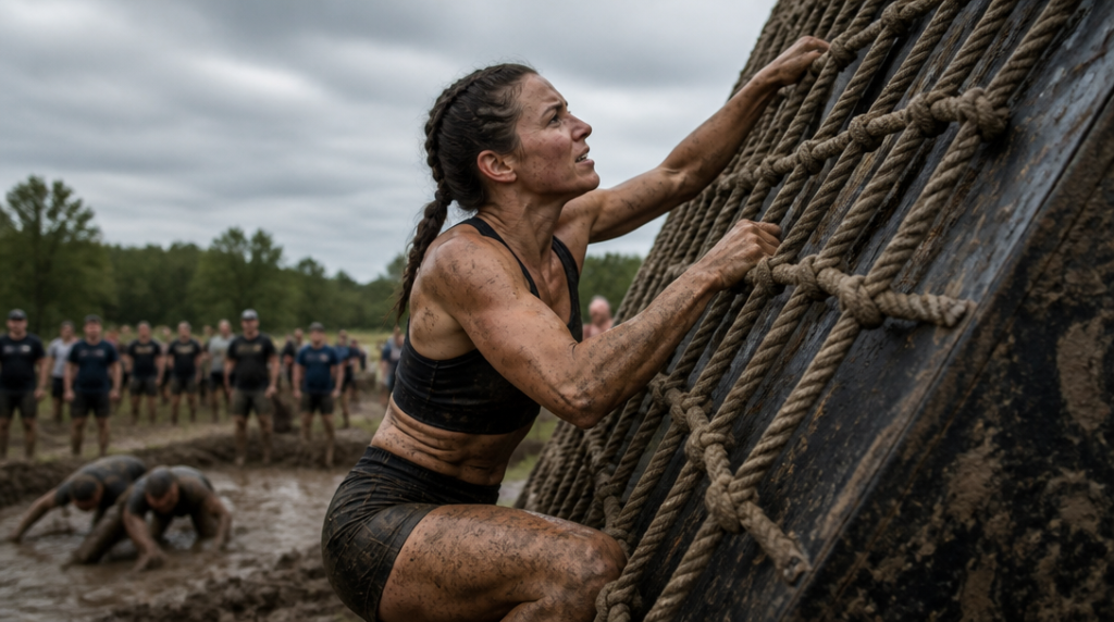 Athlète grimpant une corde en course d’obstacles