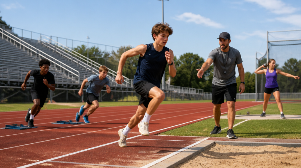Jeunes à l’entraînement multi-ateliers en athlétisme