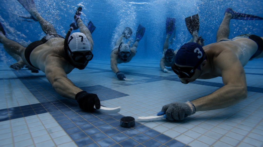 Action de hockey sous-marin avec palmes et palet