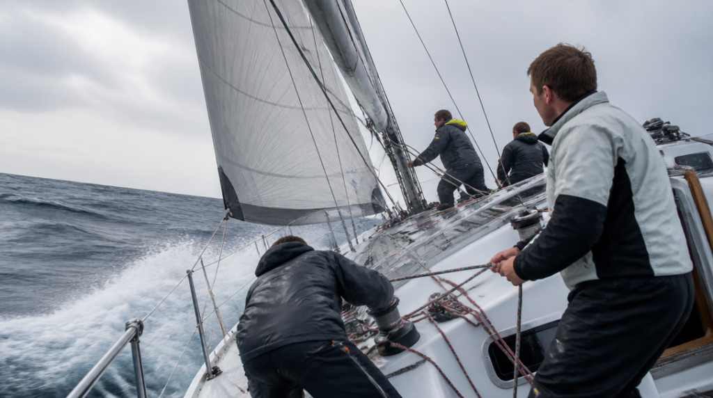 Équipage réglant les voiles en course au large