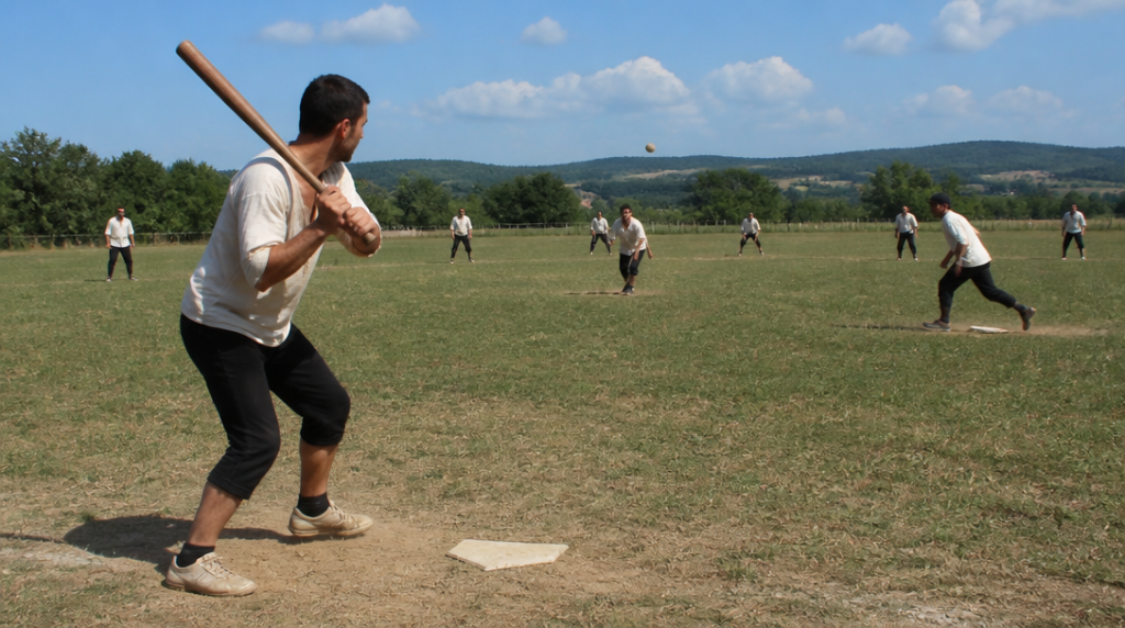 Joueurs d’Oina avec batte et balle sur terrain