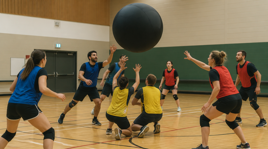 Trois équipes autour d’un ballon géant en Kin-Ball