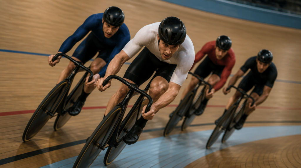 Cyclistes au vélodrome en pleine accélération