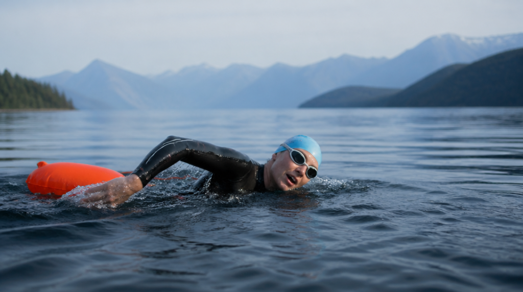 Nageur d’eau libre avec bouée et combinaison