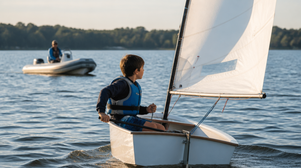 Enfant naviguant en Optimist sur lac calme