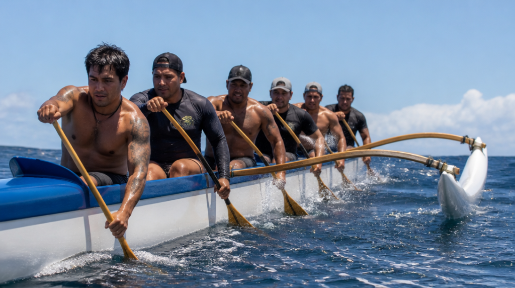 Équipage en pirogue va’a sur mer formée