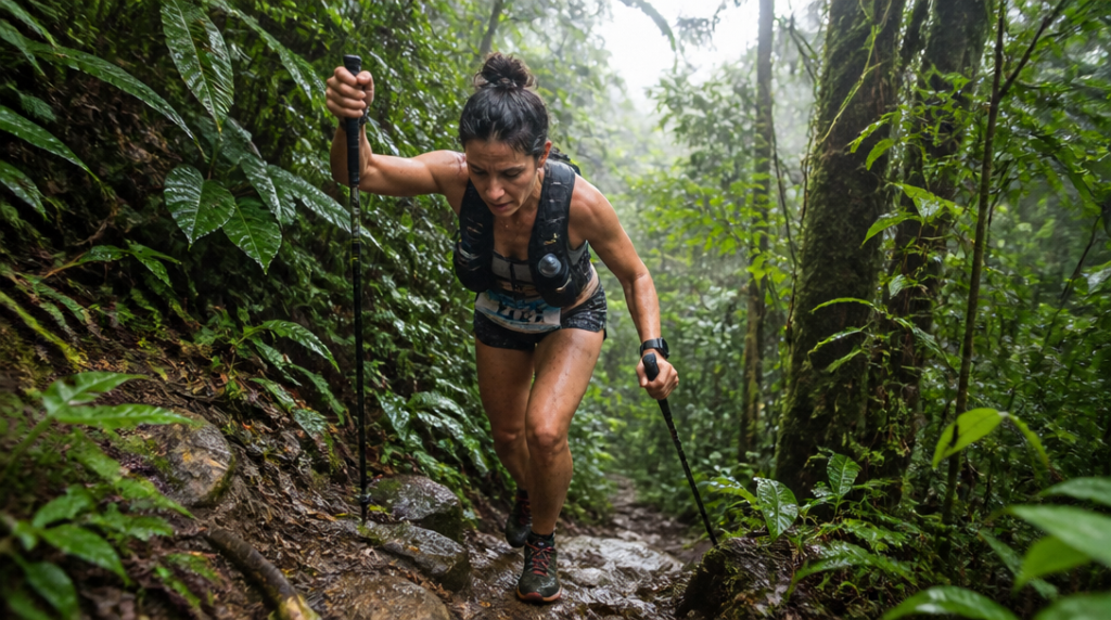 Sentier technique du parcours 2026, racines et rochers humides