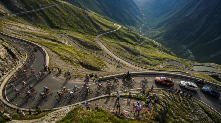 Peloton en montagne illustrant le parcours du Tour de France 2026