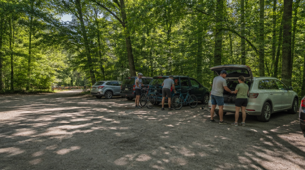 Parking forêt de Grimbosq ombragé pour familles et VTT