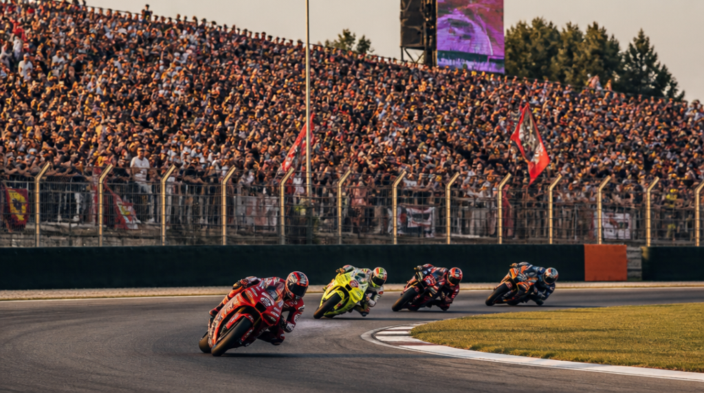 Vue d’un virage avec tribunes et motos en pleine inclinaison